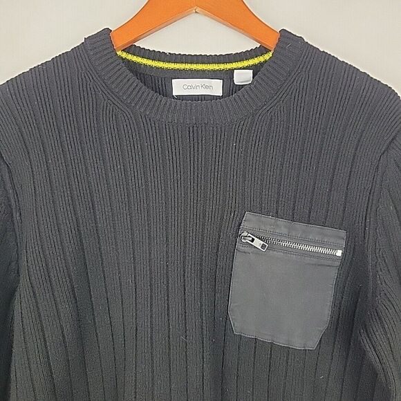 Calvin Klein Sweater Mens Large Slim Fit Black Wool Blend Ribbed Commando Crew - Picture 4 of 12
